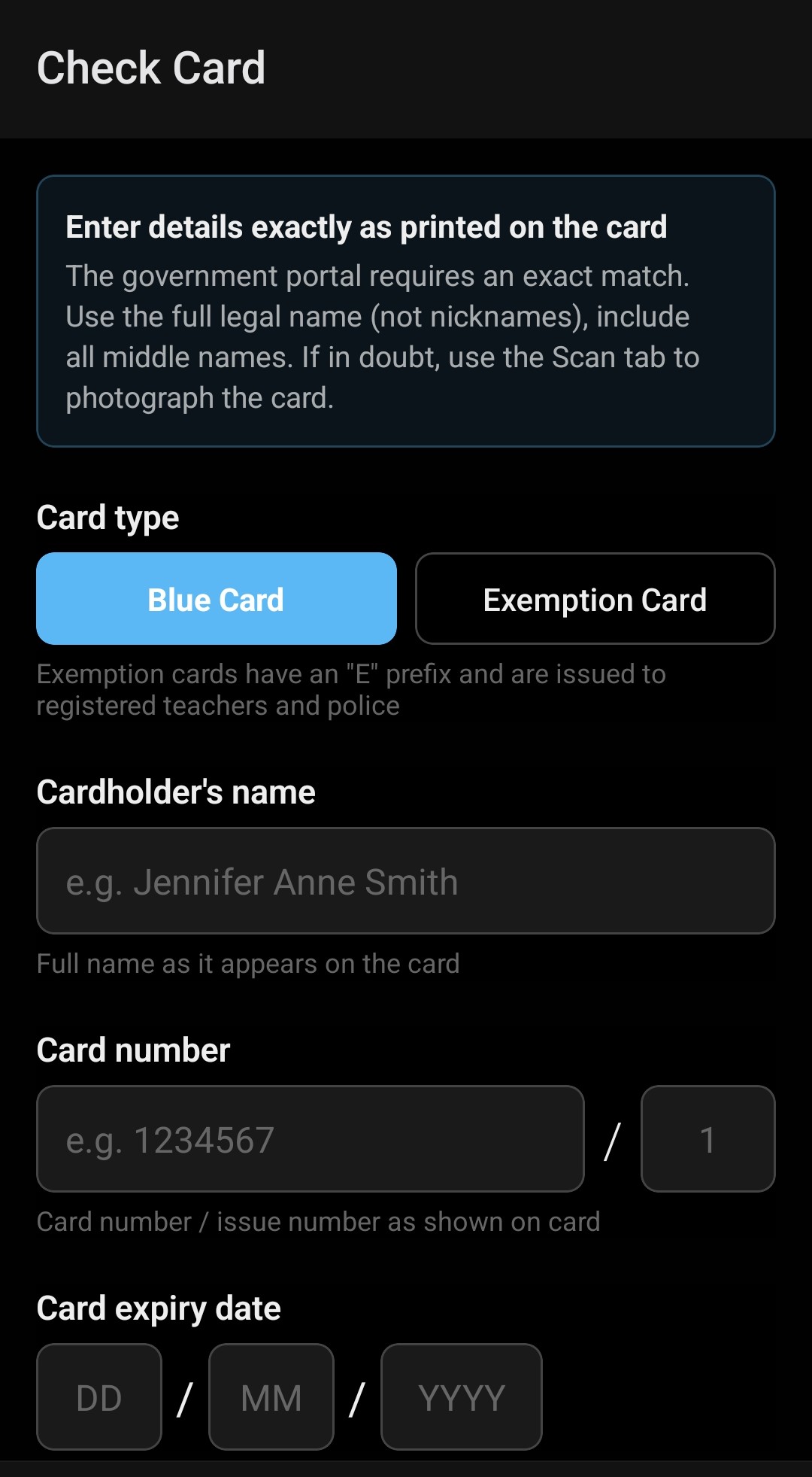Manual entry form for Blue Card validation