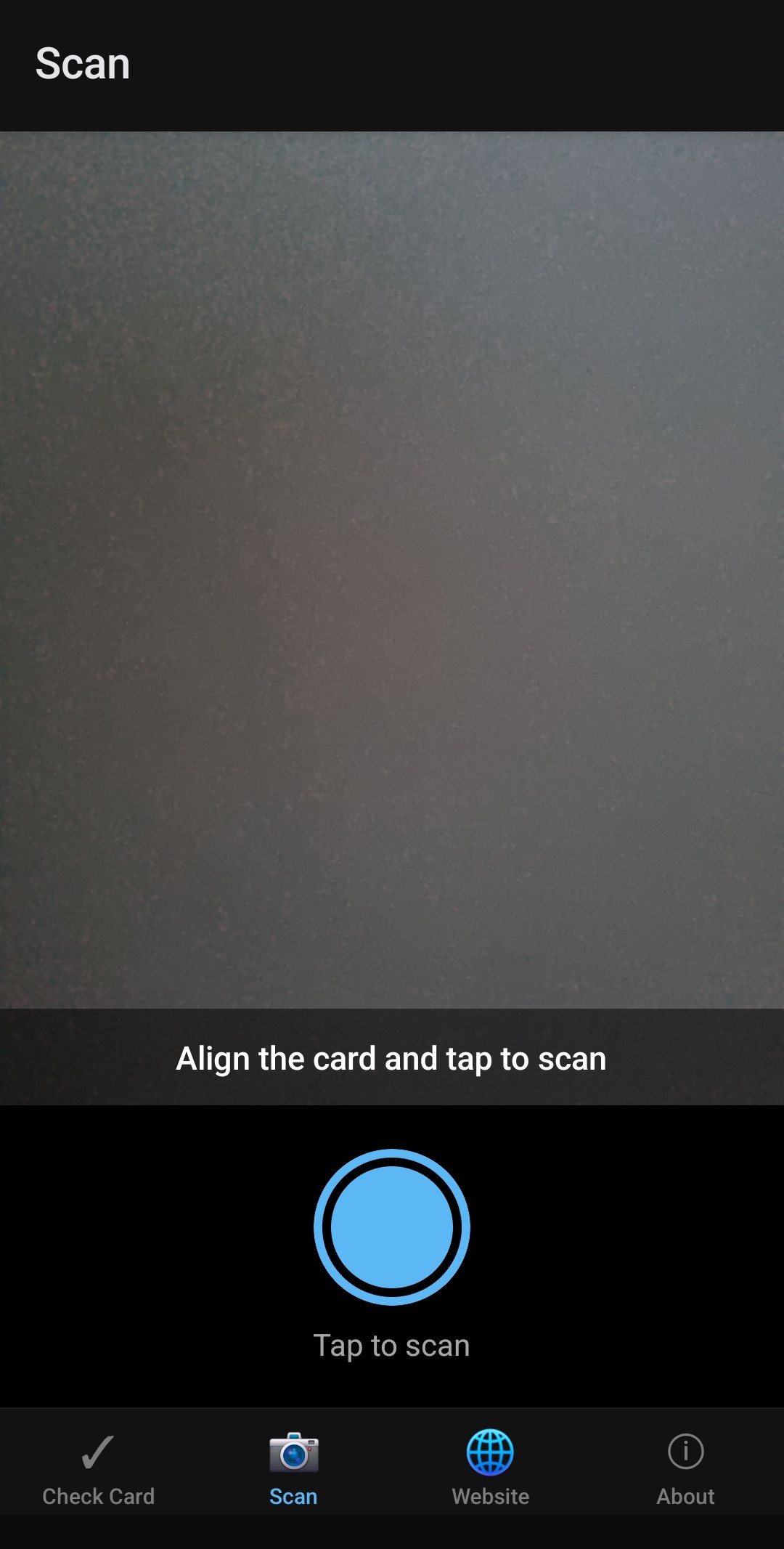 Camera scanner view for reading a physical Blue Card