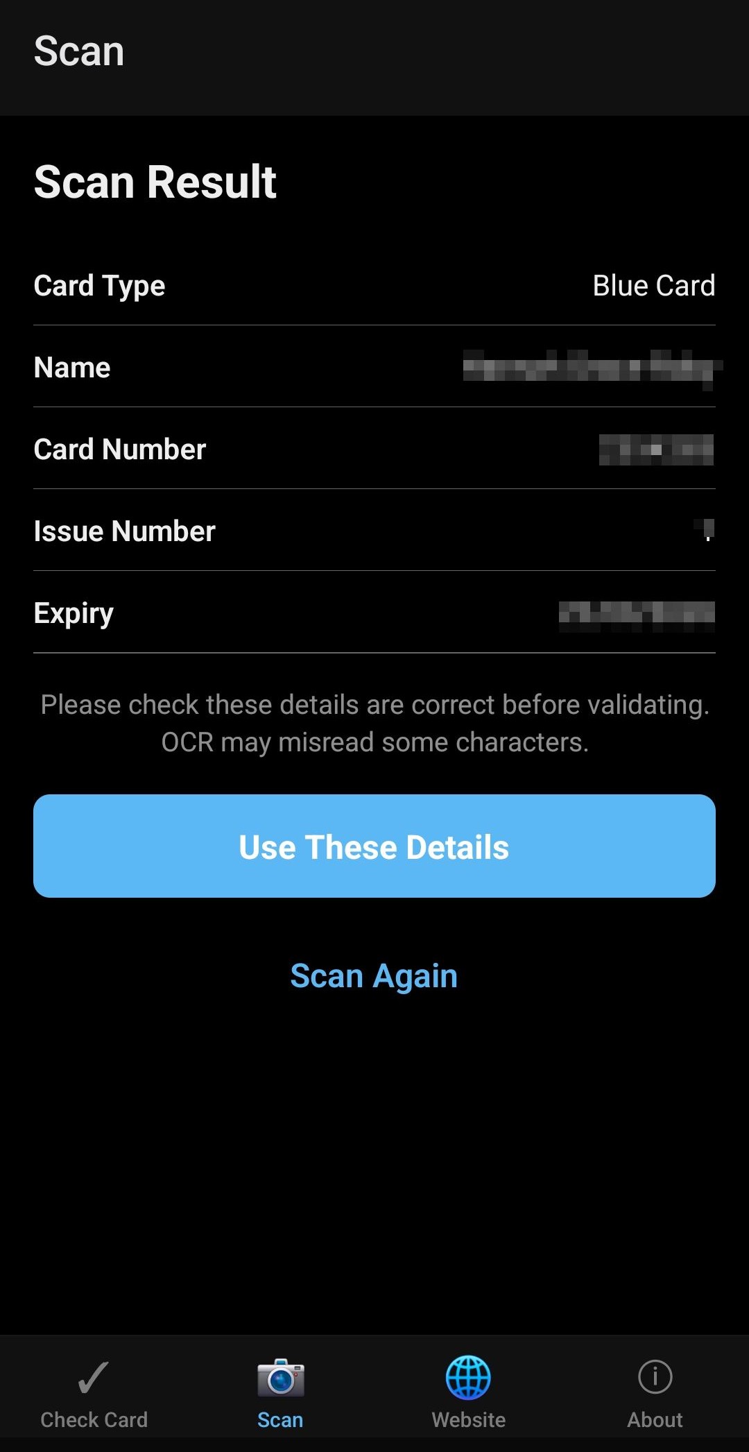 OCR scan results after reading a Blue Card