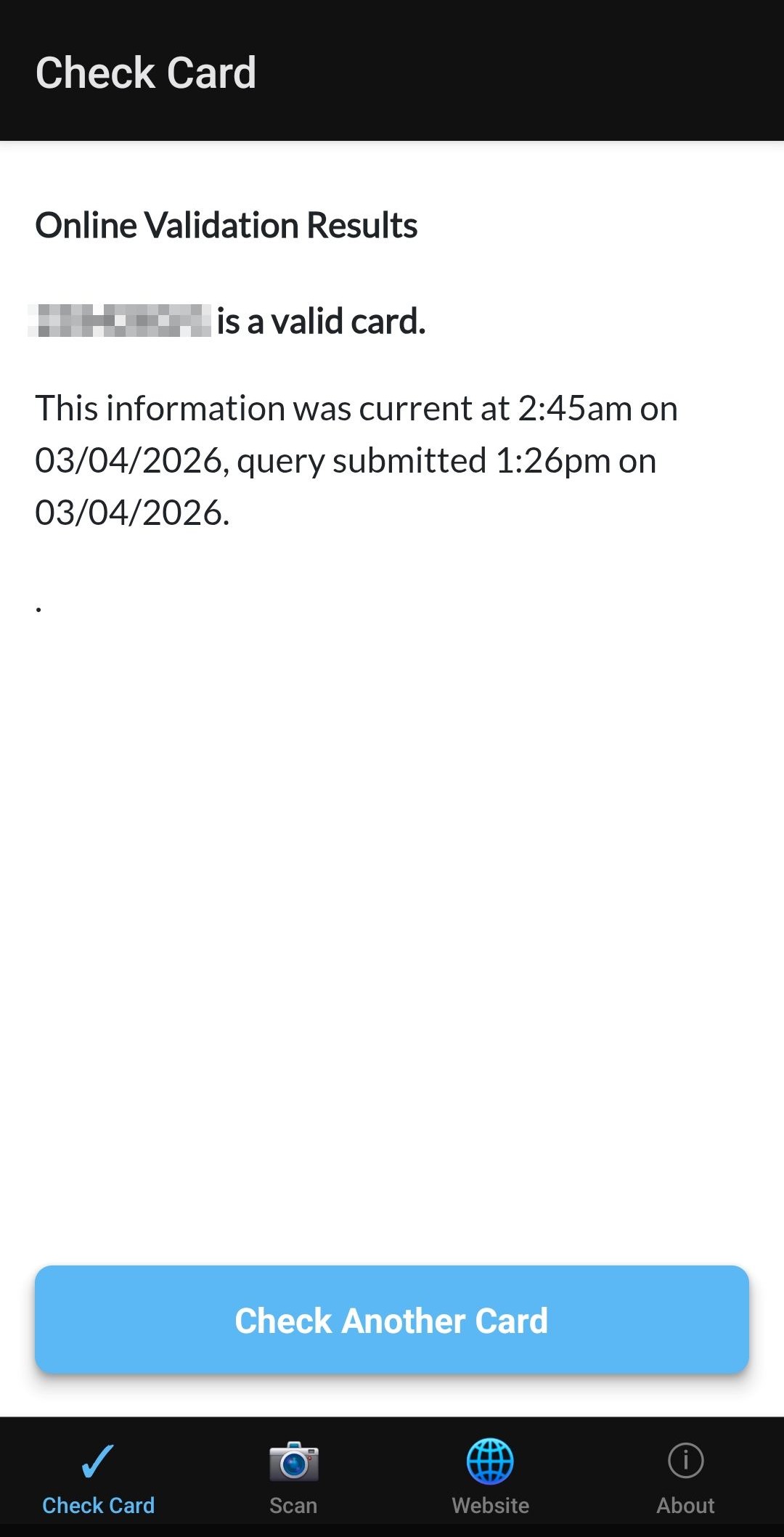Successful Blue Card validation result